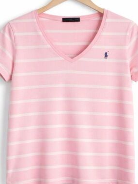 Ralph Lauren Pink and White Striped V-Neck Tee for ladies with a